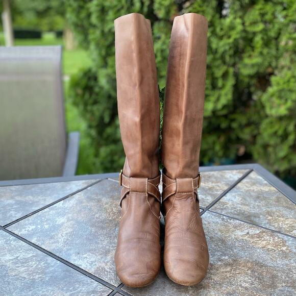 Chloe Light Brown Knee High Leather Riding Boots Mid Calf EU 37/7 Buckle - Picture 2 of 9